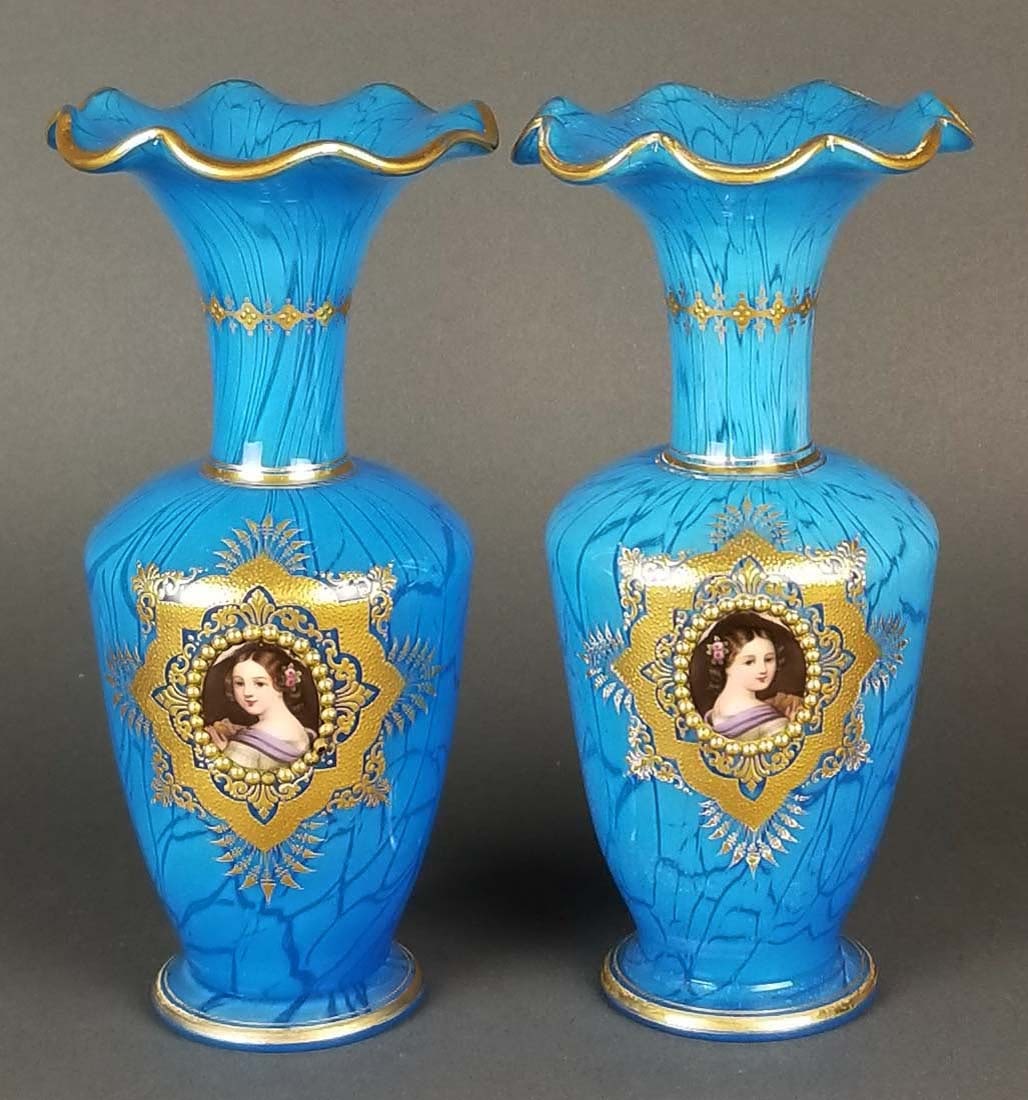 Pair of 19th C. Fine Baccarat Opaline Jewelled Vases: Pair of 19th C. Fine Baccarat Opaline Jewelled Vases. Measures H: 9 1/4" W: 3 1/4"