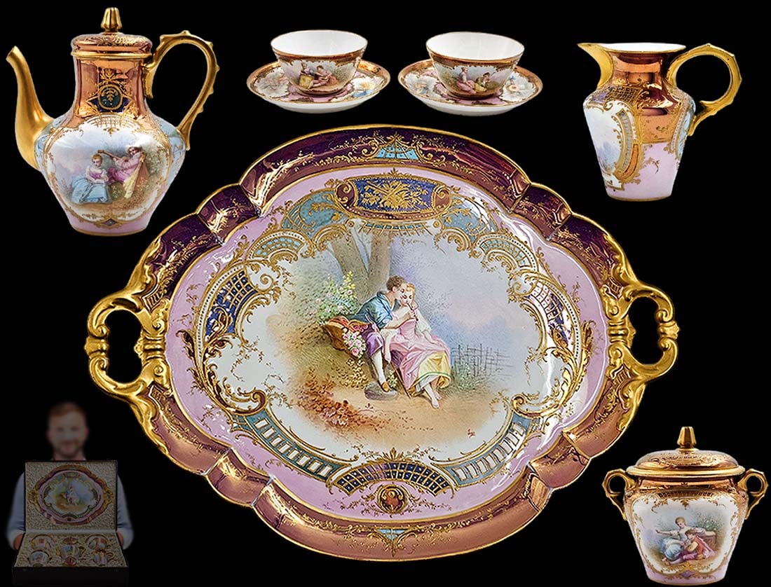 19th C. French Pink Sever Style Hand Painted Tea Set: 19th C. French Pink Sever Style Hand Painted Tea Set. Tray: 13" x 17 1/2" \ Cup: H 2" x W 3 7/8" x L 4 1/2" \ Saucer: H 1" x D 5 1/2" \ Creamer: H 4" x W 3" x L 4" \ Tea pot: H 6" x W 4" x L 6" \