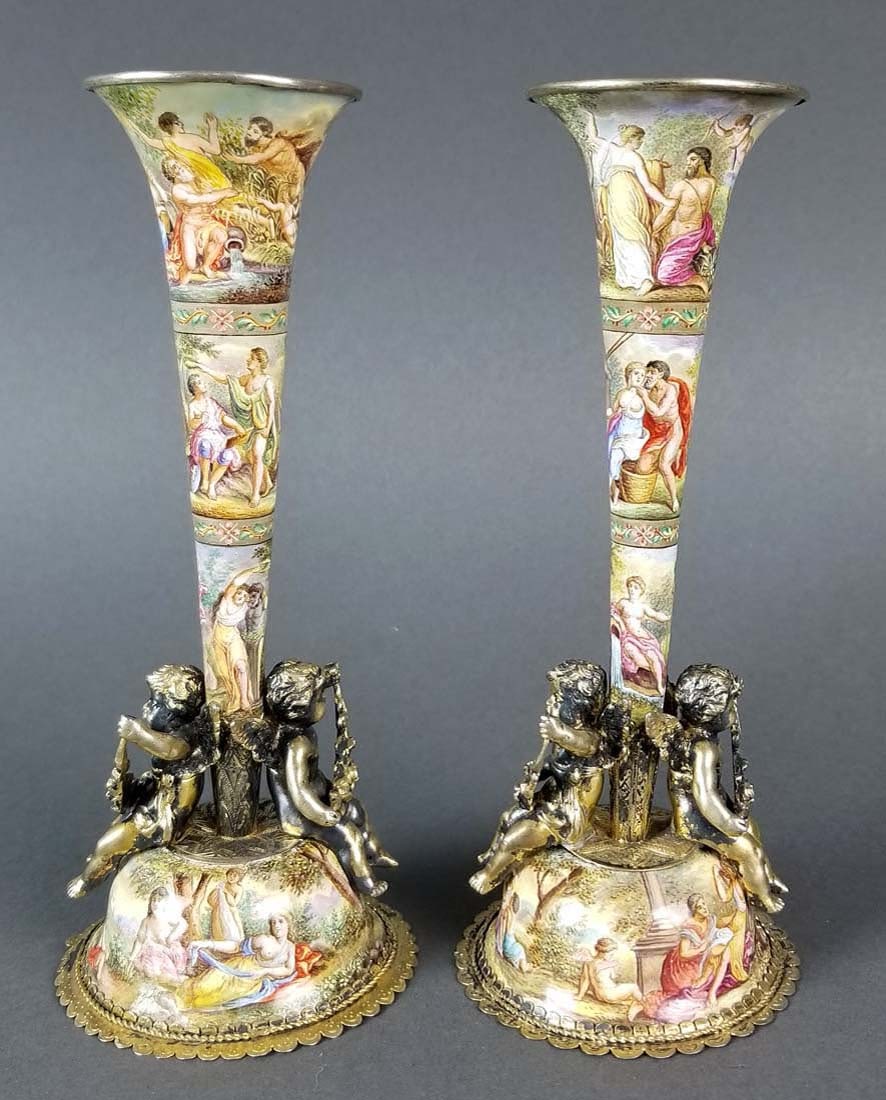 Pair of 19th C. Viennese/ Austrian Enamel on Silver: Pair of 19th C. Viennese/ Austrian Enamel on Silver Trumpet Vases. They measure H: 6 1/4" W: 2 1/2"