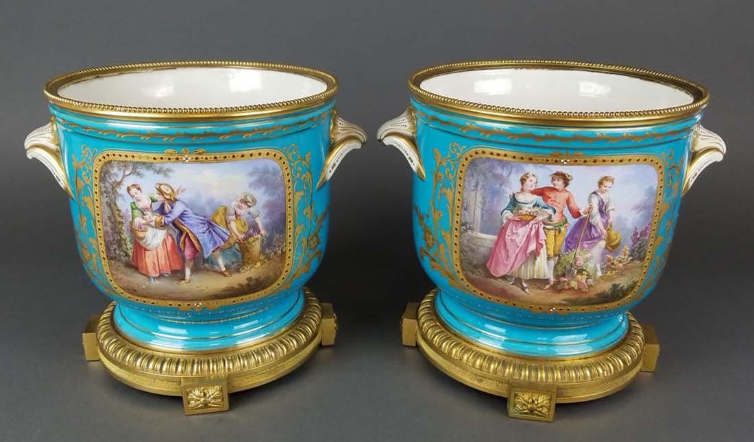 Pair of 19th C. Sevres Turquoise Blue Jardinieres: Pair of 19th C. French Sevres Turquoise Blue Jardinieres. They measure H: 8 1/4" W: 10"