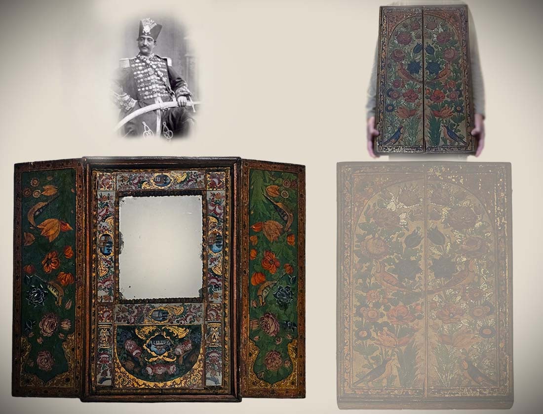 19th C. Qajar Persian Hand Painted Cabinet Mirror: 19th C. Qajar Persian Hand Painted Cabinet Mirror. H 24" x W 2" x L 15 1/2" \ Cabinet open: L 29"