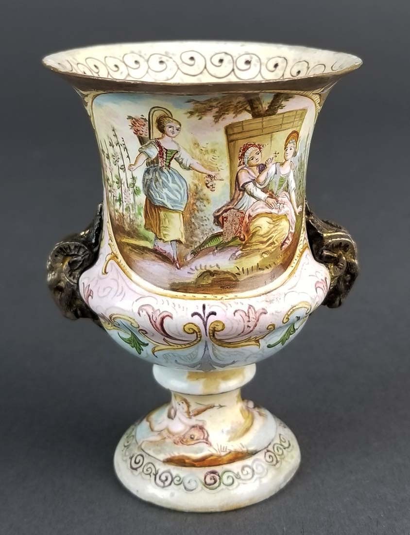 Austrian Viennese Enamel Vase on Silver: Austrian Viennese Enamel Vase on Silver. Measures H: 3" W: 2 1/4"