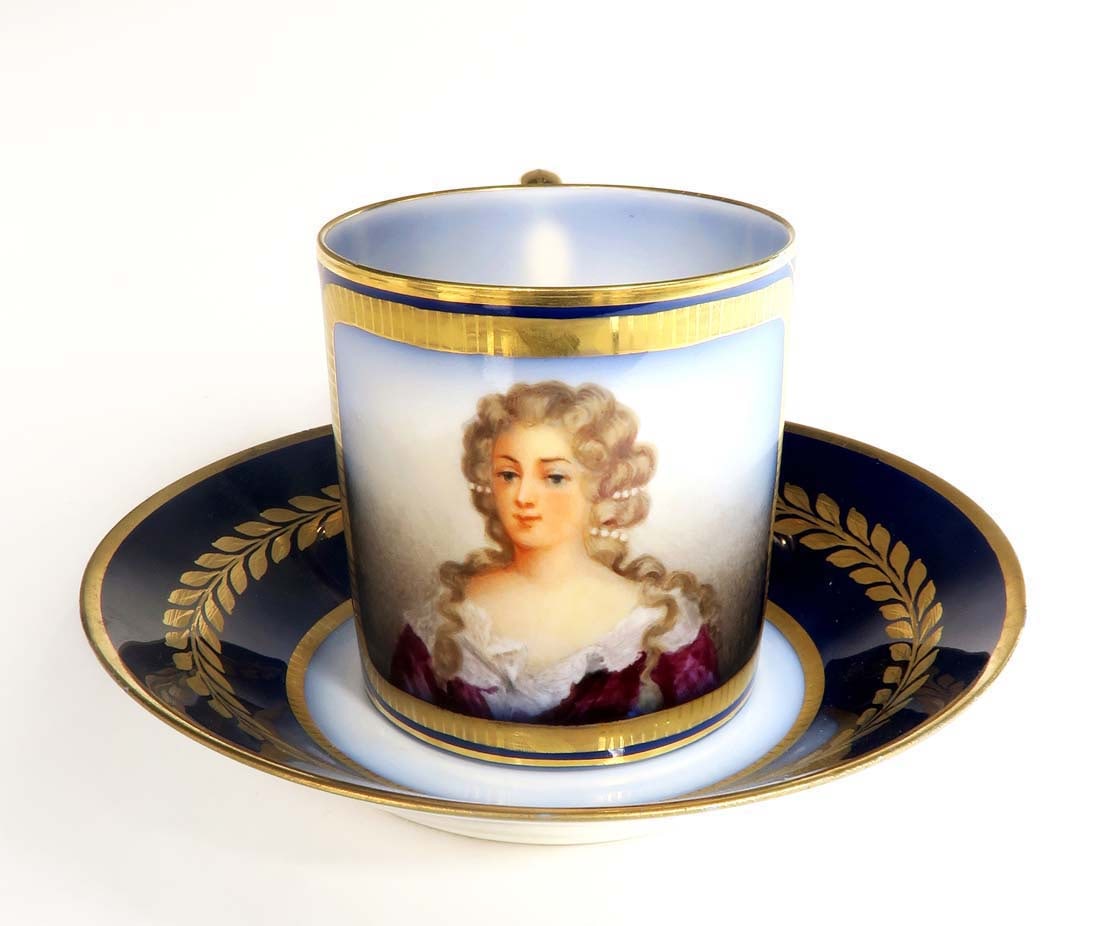 19th C. Sevres French Porcelain Hand Painted Teacup And Saucer: 19th C Sevres French Porcelain Hand Painted Teacup and Saucer. W 5.1" x H 3"
