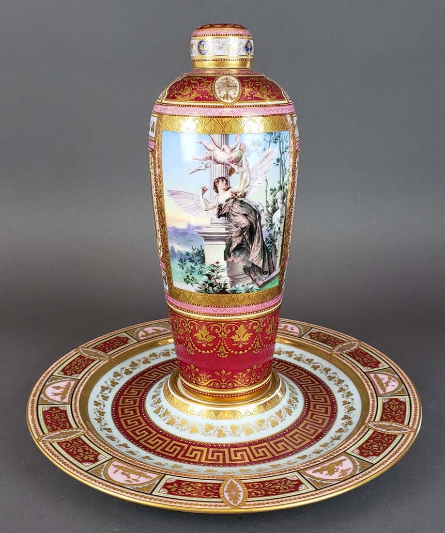Magnificent Royal Vienna Handpainted Vase & Charger: Magnificent Large Royal Vienna Handpainted Vase & Charger. The vase measures H: 11 1/2" W: 4 3/4" and the charger measures 13 1/2" Diameter