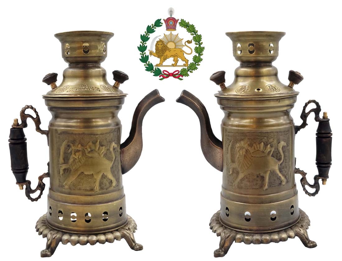 Pair Of Persian, Iranian Brass Signed Samavar With Lion And Son Pahlavi Dynasty Era: Pair Of Persian, Iranian Brass Signed Samavar With Lion And Son Pahlavi Dynasty Era. H 12 1/4" x W 6" x L 9"