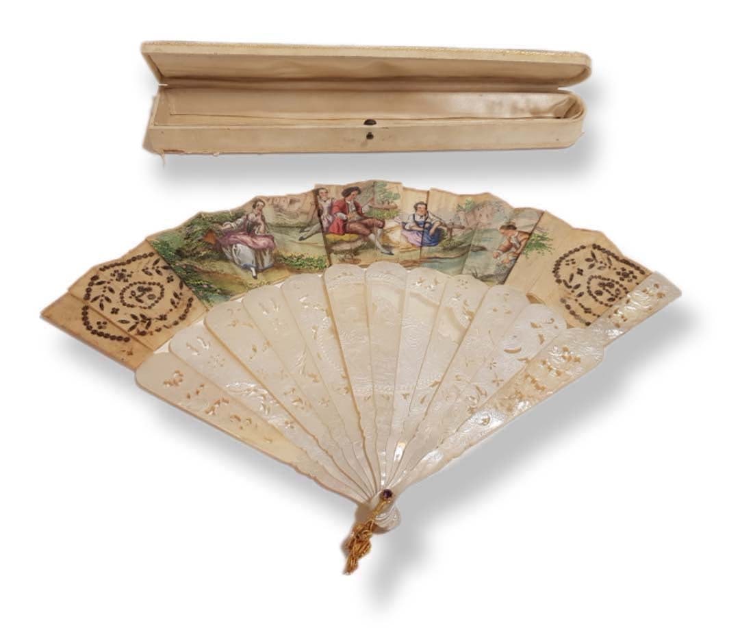 Folding Fan European 19 Century Hand Fan With Original Box Victorian: Folding Fan European 19 Century Hand Fan With Original Box Victorian. 12" x 2" x 11.5"
