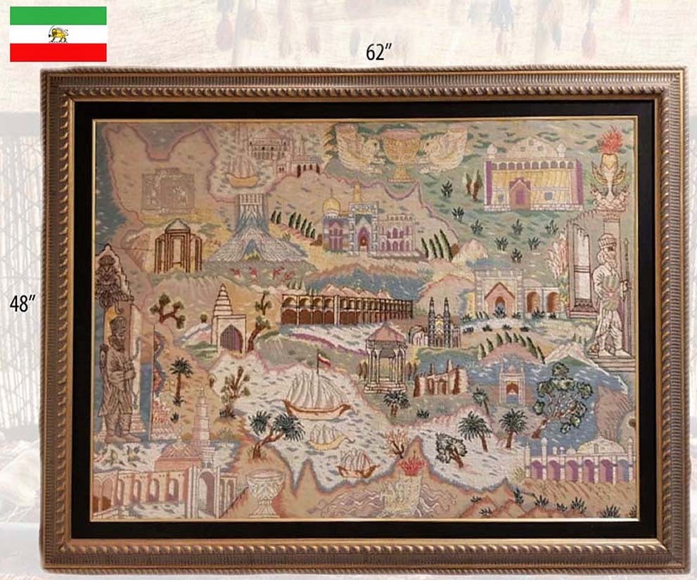 Iran, Tabriz Hand Knotted Silk Large Persian Rug 'Map Of Iran': 'Map Of Iran' Tabriz Hand Knotted Silk Persian Rug. W 48" x L 62"