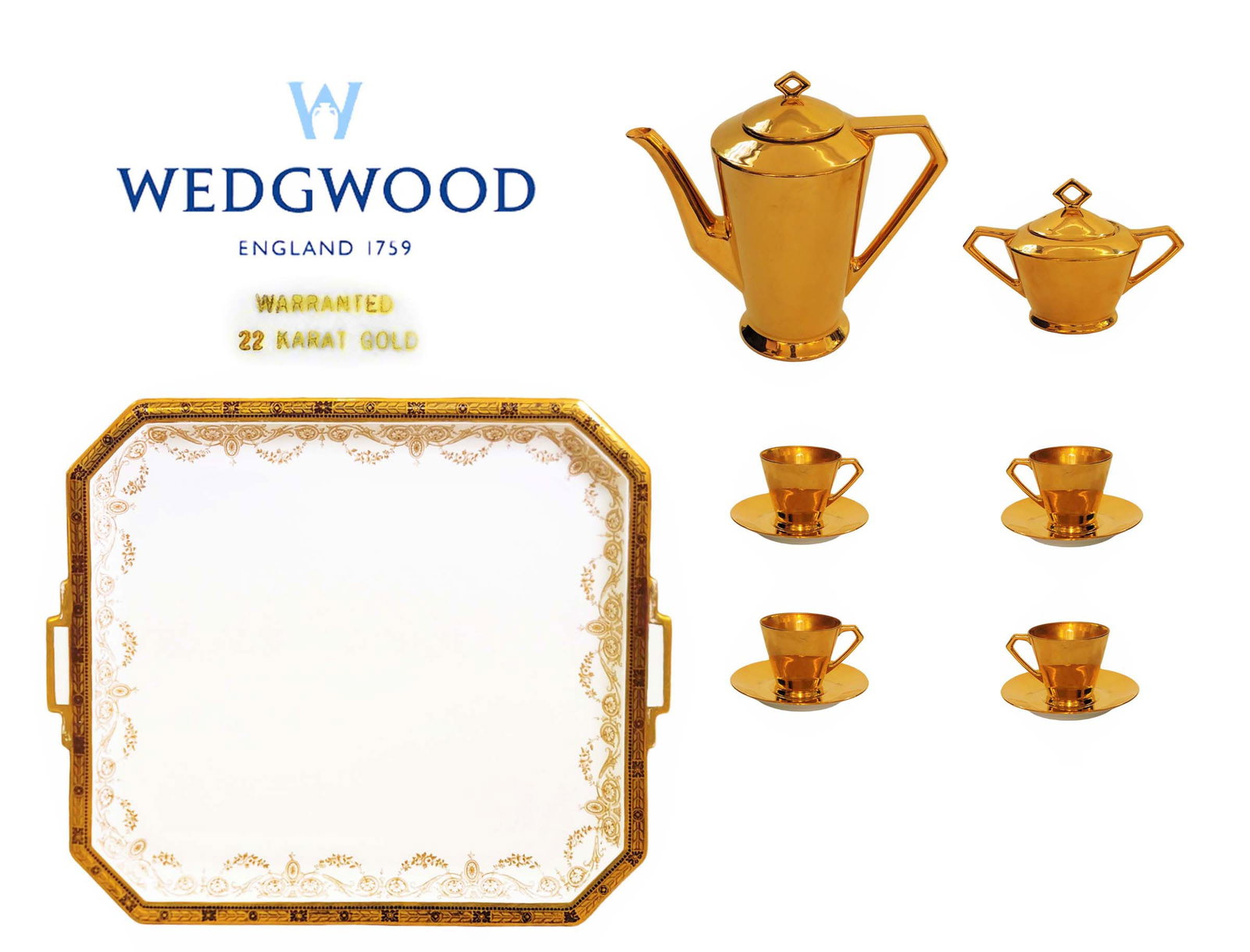 Wedgwood Mid C. Porcelain Tray Paired With 6Pcs 22K Gold Plated Coffee Set: Wedgwood Mid C. Porcelain Tray Paired With 6Pcs 22K Gold Plated Coffee Set. Tray: W 14 1/2" x L 17" \ Tea Pot: H 7 1/2" x W 4" x L 8" \ Saucer: D 4 1/8" \ Cup: H 2 1/8" \ Sugar Bowl: H 4" x W 4" x L 6