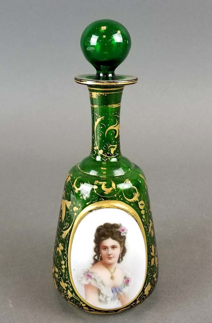 Bohemian Hand Painted Decanter: Bohemian Hand Painted Decanter. Measures H: 7 1/4" W: 3"