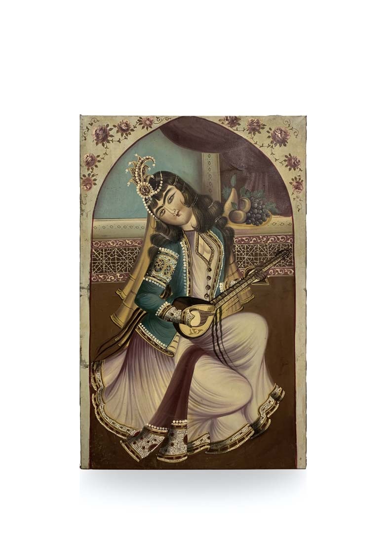 Large 19th C. Persian Qajar Oil On Canvas Painting Of A Woman Playing Tar Instrumental: Large 19th C. Persian Qajar Oil On Canvas Painting Of A Woman Playing Tar Instrumental. 33" x 53 1/4"
