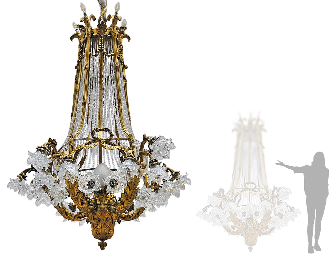 19th C. Monumental Louis XV Style Gilt Bronze French 36-Lights Chandelier: 19th C. Monumental Louis XV Style Gilt Bronze French 36-Lights Chandelier. Dimensions ~ H 67" x W 35" x L 50"