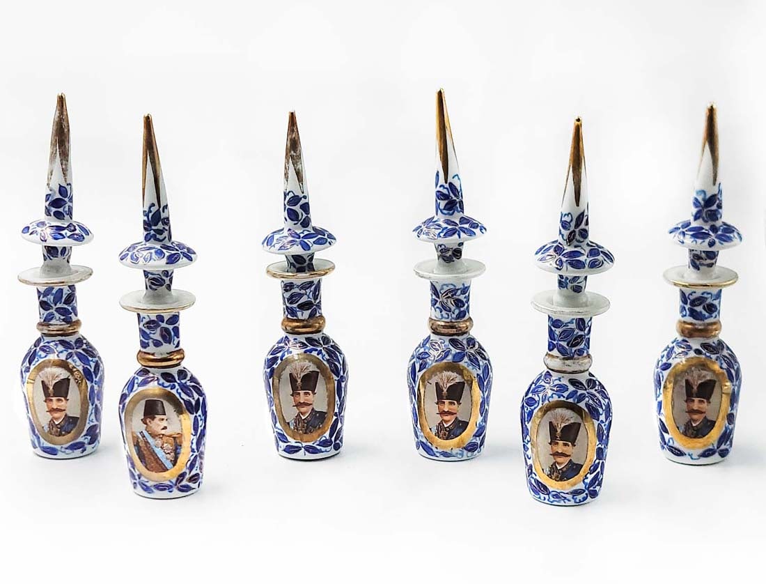 Lot Of Six Late 19th C. Hand Painted With Enameling Persian Miniature Vases With Tops: Lot Of Six Late 19th C. Hand Painted With Enameling Persian Miniature Vases With Tops. One is broken & Glued together as it shows on the pictures. H 9"
