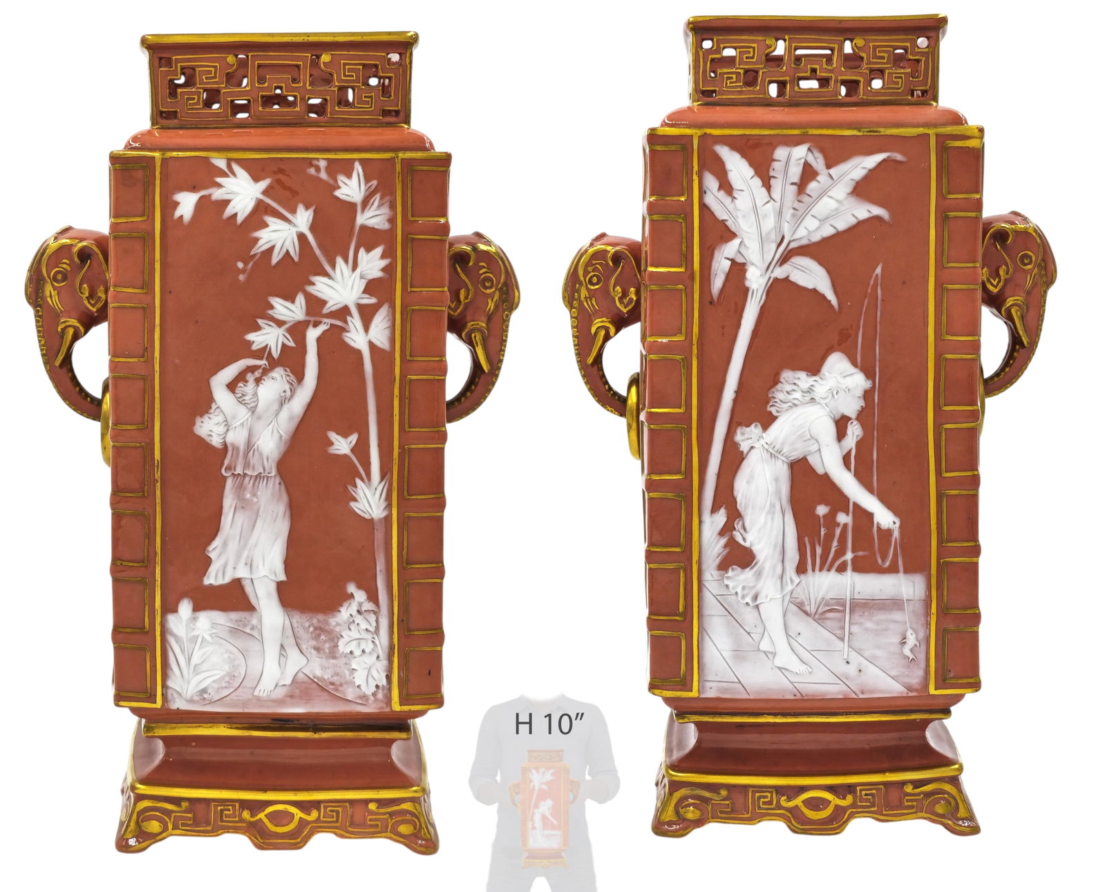 Pair Of Rare Pink Minton Style Pate-Sur-Pate Rectangular Vases (1 of 10)