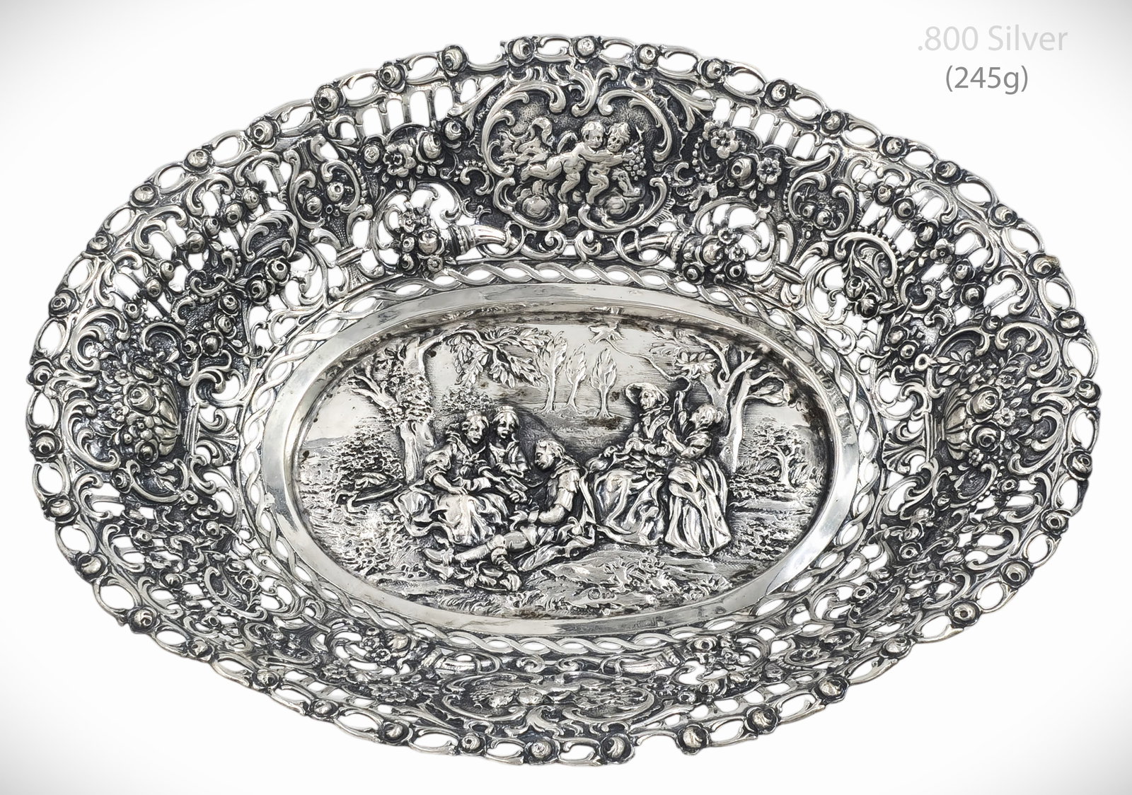 19th C. German .800 Silver(245g) Candy Bowl / Basket: 19th C. German .800 Silver(245g) Candy Bowl / Basket. H 2" x W 7 1/2" x L 10"