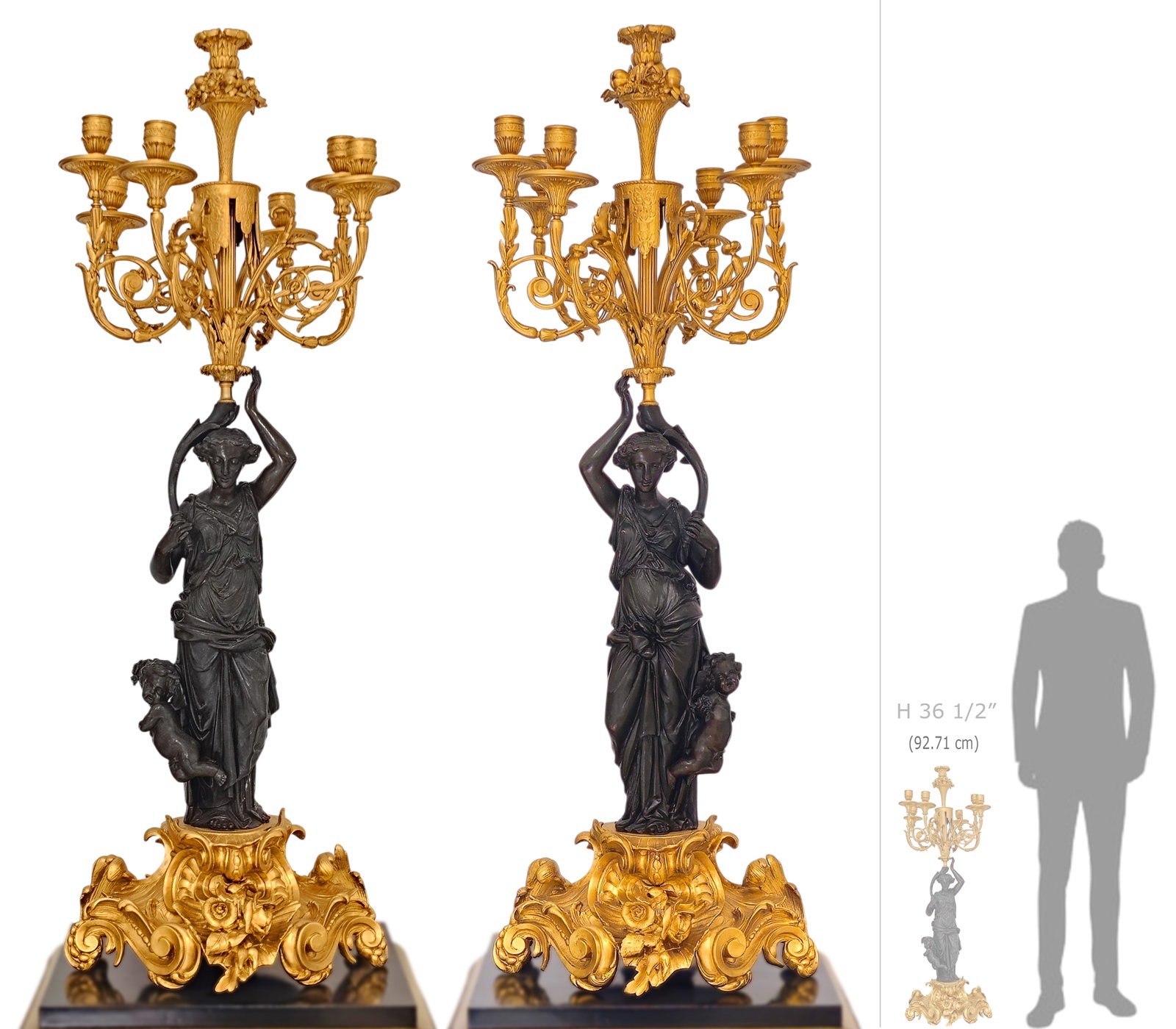 Large Pair Of 19th C. French Louis XVI Style Figural Patinas Bronze Candelabras: Large Pair Of 19th C. French Louis XVI Style Figural Patinas Bronze Candelabras. H 36 1/2" x W 13" x L 14"