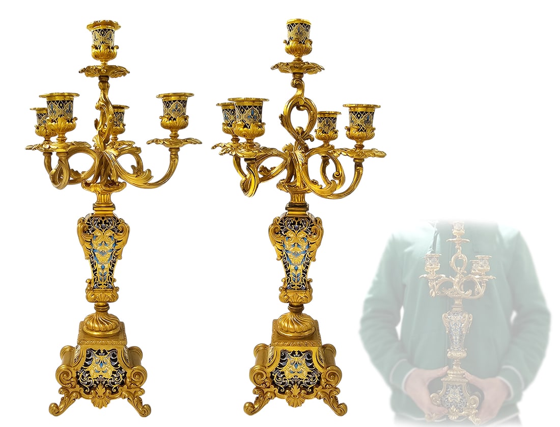 Pair Of French 19th C. Champleve & Gilt Bronze Candelabras: Pair Of French 19th C. Champleve & Gilt Bronze Candelabras. H 19 1/2" x W 8" x L 8 1/2"