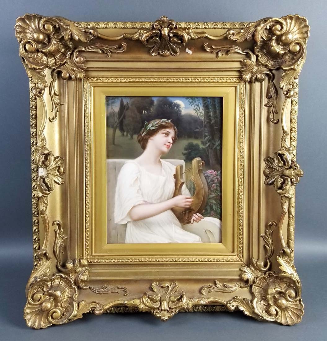Late 19th C. Exquisite KPM Porcelain plaque of Woman: Late 19th C. Exquisite KPM Porcelain plaque of Woman playing Harp, Framed. The frame measures 21 1/4" x 19 1/4" and the plaque measures 13" x 10 1/2"