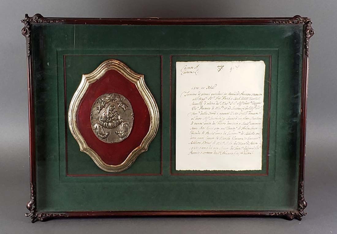 Antique Framed 16th C. Commemorative Plaque & Document C.: Antique Framed 16th C. Commemorative Plaque & Document C. 1570. The frame measures 24 3/4" x 18 1/2", the plaque measures 10 1/4" x 8" and the paper measures 10" x 8"