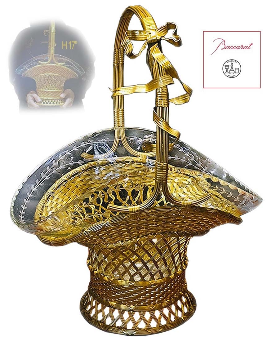 19th C. Bronze Papillon Handle Baccarat Crystal Centerpiece Basket: 19th C. Bronze Papillon Handle Baccarat Crystal Centerpiece Basket. H 17" x W 9 1/2" x L 14"