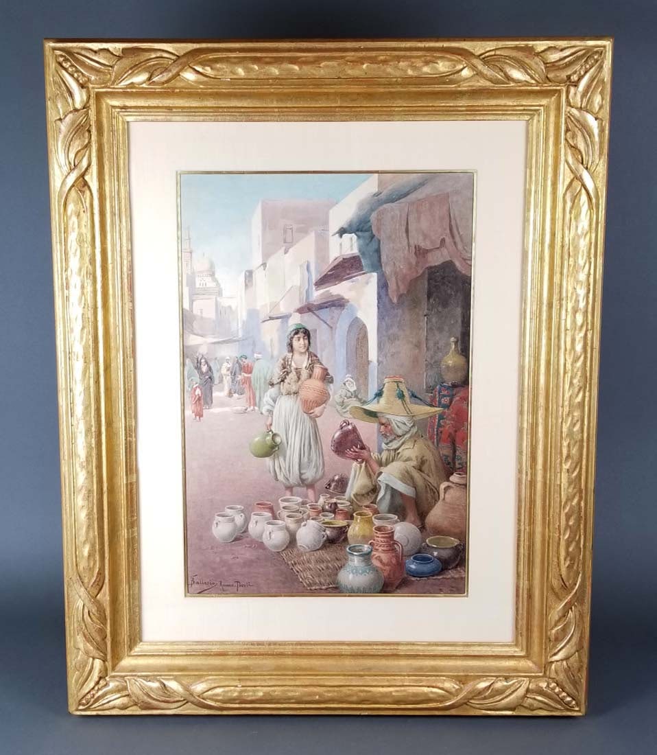 Francesco Ballesio (1860-1923) Orientalist Painting: Francesco Ballesio (1860-1923) Orientalist Painting. Signed and inscribed "F.Ballesio Roma-Tivoli" (Lower Left). Watercolor on Paper. The frame measures 33 1/4" x 26" and the painting measures 21" x 1