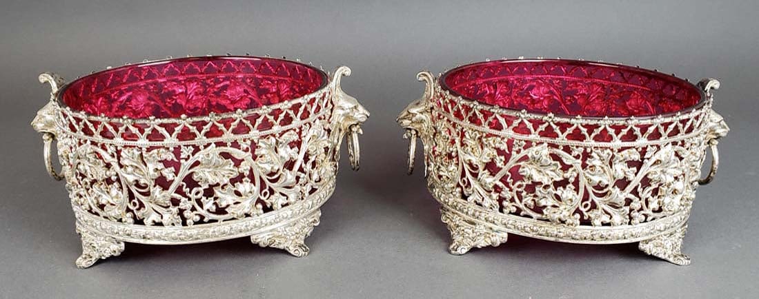 Pair of European Silverplated and Cranberry Glass Bowls: Pair of European Silverplated and Cranberry Glass Bowls. They measure H: 4 3/8" W: 9 1/4"