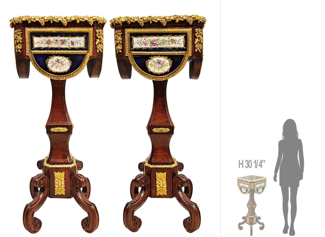 Pair Of 19th C. French Napoleon III With Inlay Sevres Porcelain Mahogany Planters: Pair Of 19th C. French Napoleon III With Inlay Sevres Porcelain Mahogany Planters. H 30 1/4" x W 13