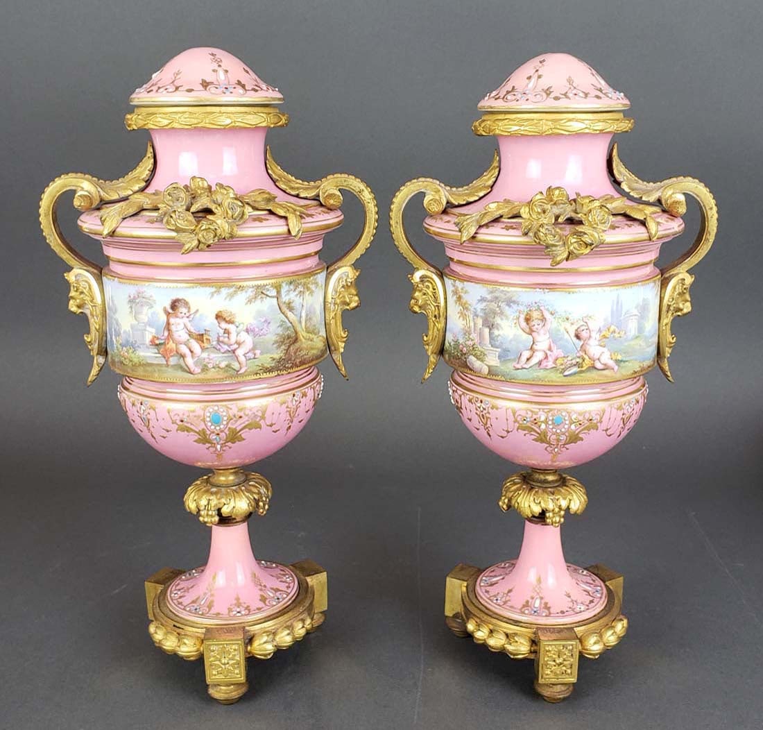Pair of French Sevres Vases: Pair of French Sevres Vases. They measure H: 11 3/4" W: 6"