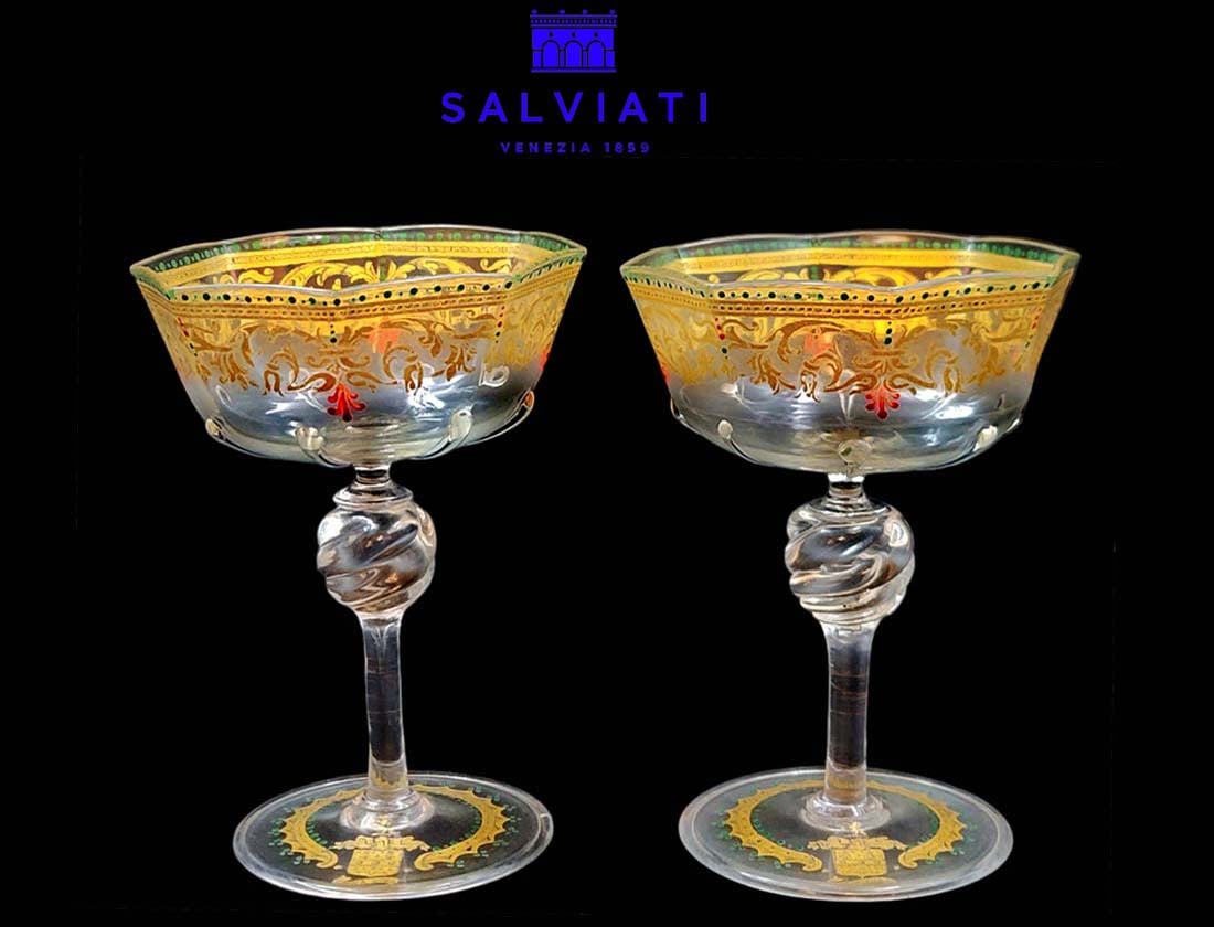 Pair Of 19th C. Venetian Hand Painted Jeweled Salviati cocktail Glasses (1 of 1)