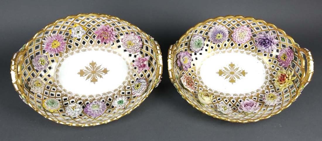 Pair of 19th C. Dresden Reticulated and Floral: Pair of 19th C. Dresden Reticulated and Floral Encrusted Bowls. They measure H: 4 3/4" W: 12 1/2"