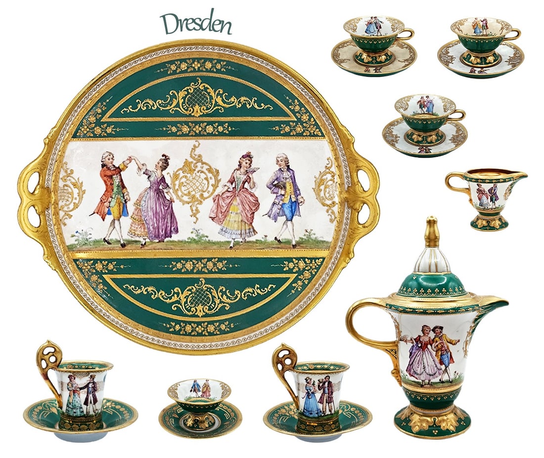 19th C. Green Dresden Lamb Porcelain Hand Painted Tea / Coffee (15Pcs) Set: 19th C. Green Dresden Lamb Porcelain Hand Painted Tea / Coffee (15Pcs) Set. Tray: H 1 1/2" x W 12" x L 14" \ Creamer: H 2 1/2" x W 2 1/4" x L 3 1/2" \ (2) Tall Cup & Saucers: Cup: H 3 1/2" x W 2 3/8"