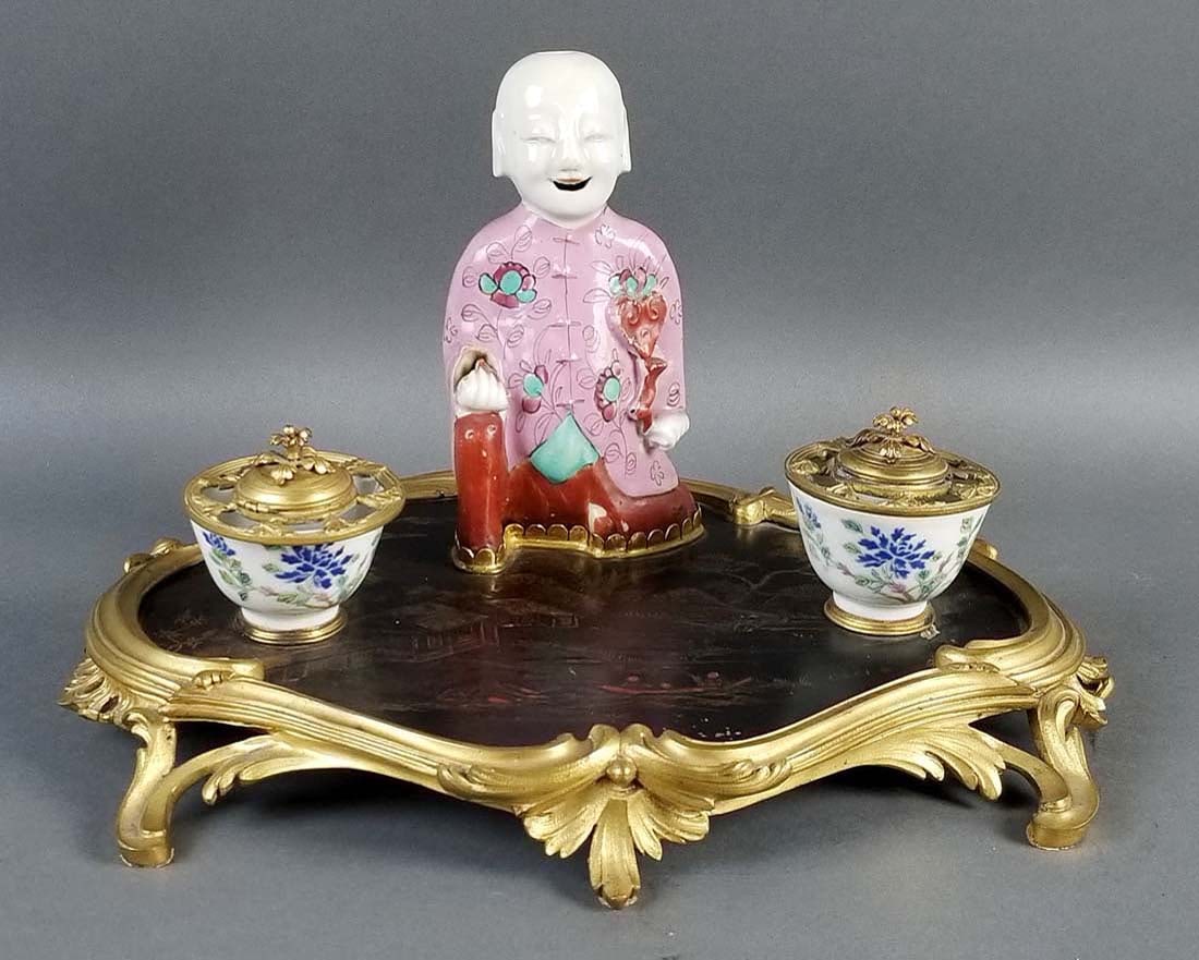 Late 19th C. French and Chinese Porcelain Chinoiserie: Late 19th C. French and Chinese Porcelain Chinoiserie and Bronze Figural Inkwell. Measures H: 7 1/4" W: 12"