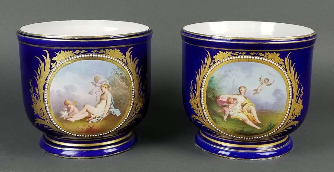 Pair of 19th C. Sevres French Pots: Pair of 19th C. Sevres French Pots. They measure H: 6 3/4" W: 7 1/2"