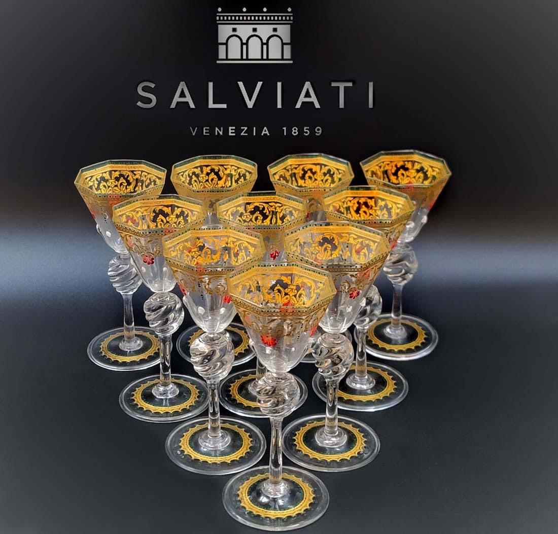 Set of 12 19th C. Venetian Hand Painted Jeweled Salviati Wine Glasses: Set of 12 19th C. Venetian Hand Painted Jeweled Salviati Wine Glasses. H 5 7/8" x W 2 1/2"