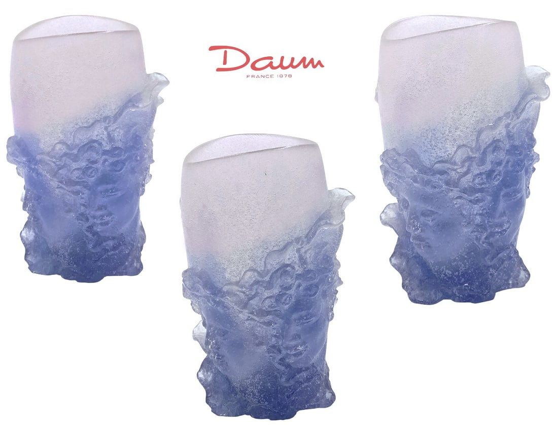 Trio Daum Freres 'Pate De Verre' Two-Face Engraved Vases: Trio Daum Freres 'Pate De Verre' Two-Face Engraved Vases. H 5 7/8" x W 3 1/4" x L 3 1/2"