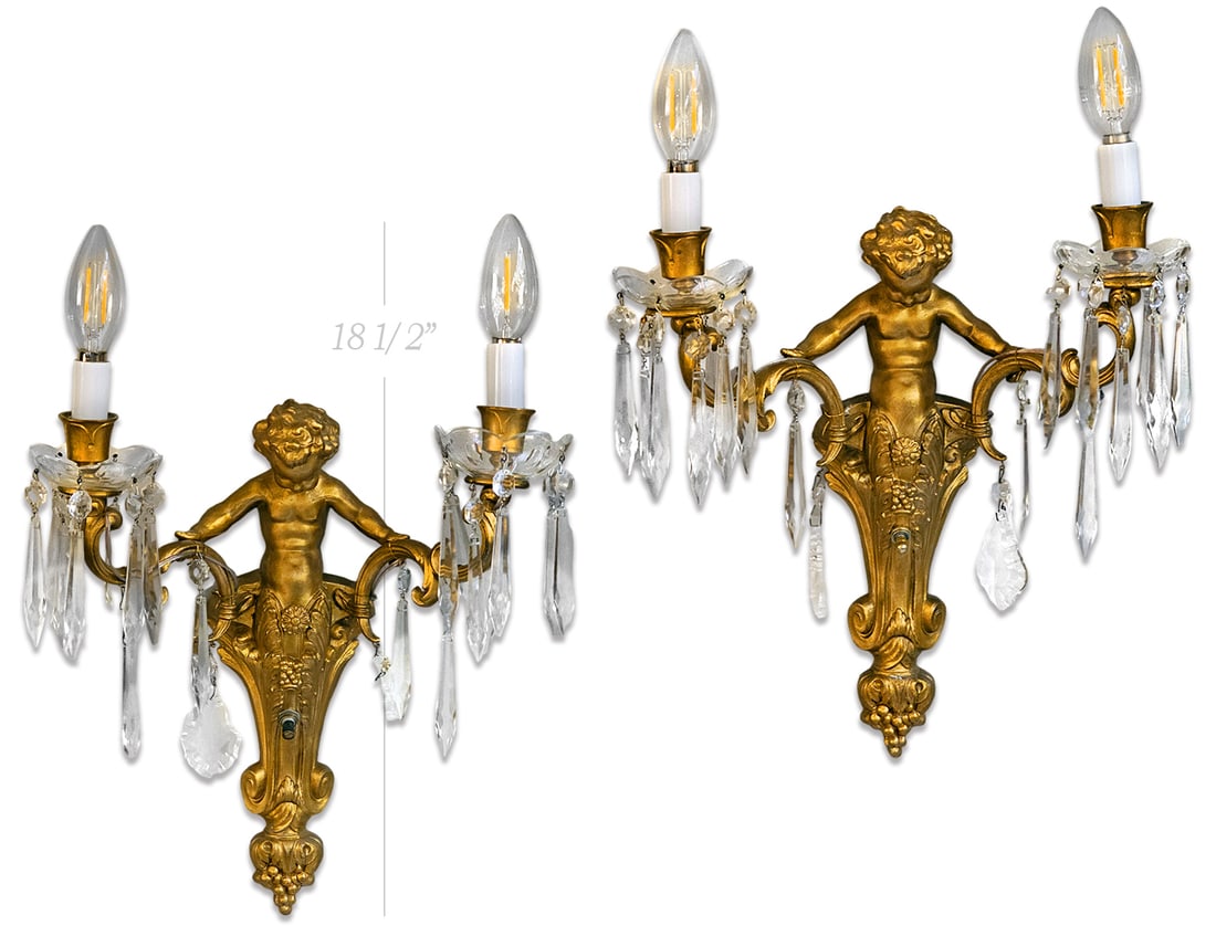 Pair Of Early 20th C. Mounted Crystal On Figural Sconces: Pair Of Early 20th C. Mounted Crystal On Figural Sconces. H 18 1/2" x W 12"
