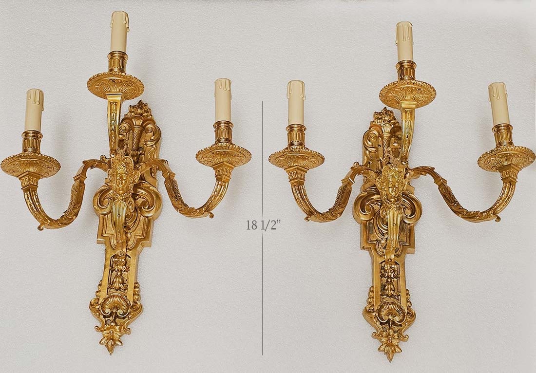 Pair Of 19th C. French Figural Gilt Bronze Wall Sconces: Pair Of 19th C. French Figural Gilt Bronze Wall Sconces. H 18 1/2"