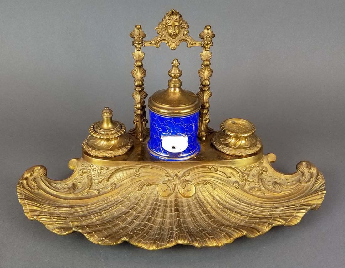 19th C. French Large Bronze & Porcelain Inkwell: 19th C. French Large Bronze & Porcelain Inkwell. Measures H: 8 3/4" W: 16"
