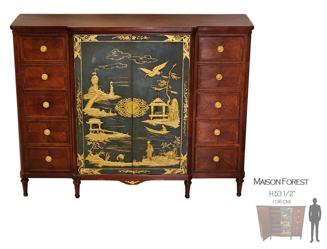 19th C. Chinese Chinoiserie Qing Dynasty Cabinet: 19th C. Chinese Chinoiserie Qing Dynasty Cabinet. H 53 1/2" x W 18" x L 68 1/2"