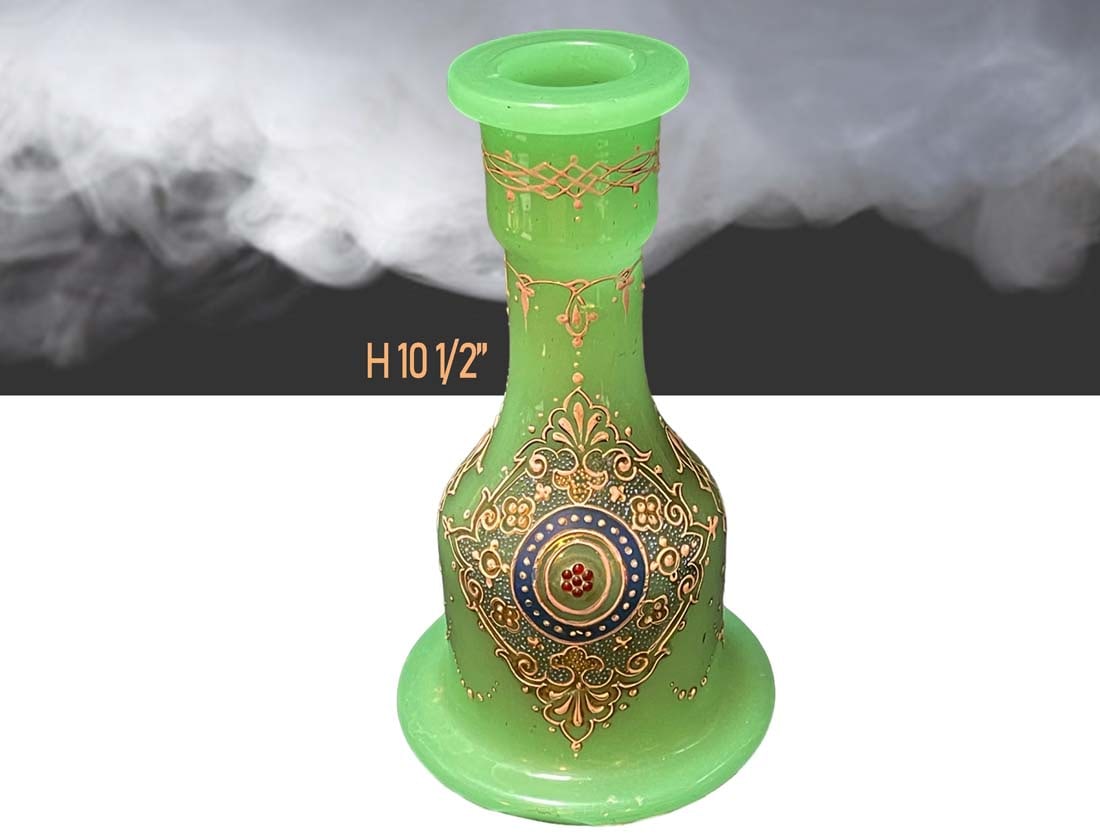 Iran, Persian Green Opaline Glass With Enameling Hookah Vase: Iran, Persian Green Opaline Glass With Enameling Hookah Vase. H 10 1/2"