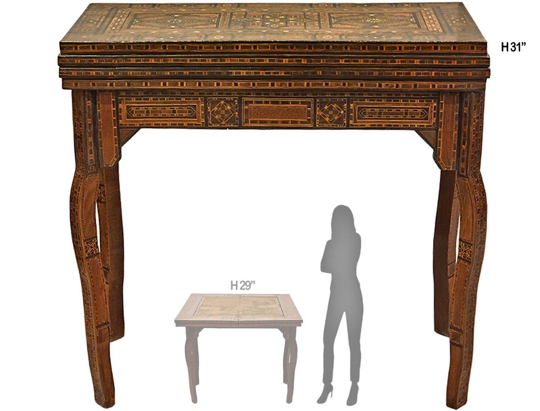 19th Century Moroccan Multi-gaming Table: Backgammon, checkers \ chess, and playing card table is beautifully hand carved in wood & exquisitely inlaid with mother of pearl. Table top flips around & open which turns into a playing card gaming 