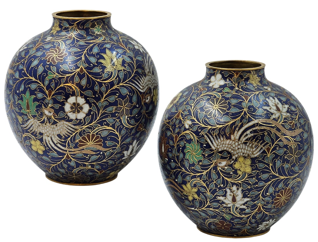 Pair Of 19th Century Japanese Cloisonne Vases: Pair Of 19th Century Japanese Cloisonne Vases. Vases were made in Tokugaula & Meiji Periods. H 5 1/2" x W 4 1/2"
