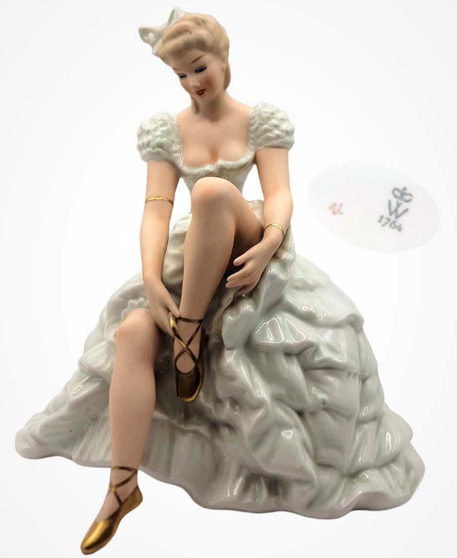 Seated Ballerina, A Vintage German Willendorf Hand Painted Figurine, Hallmarked: Seated Ballerina, A Vintage German Willendorf Hand Painted Porcelain Figurine, Hallmarked. Circa 1960's. H 8.75" x 8.5" x 7"
