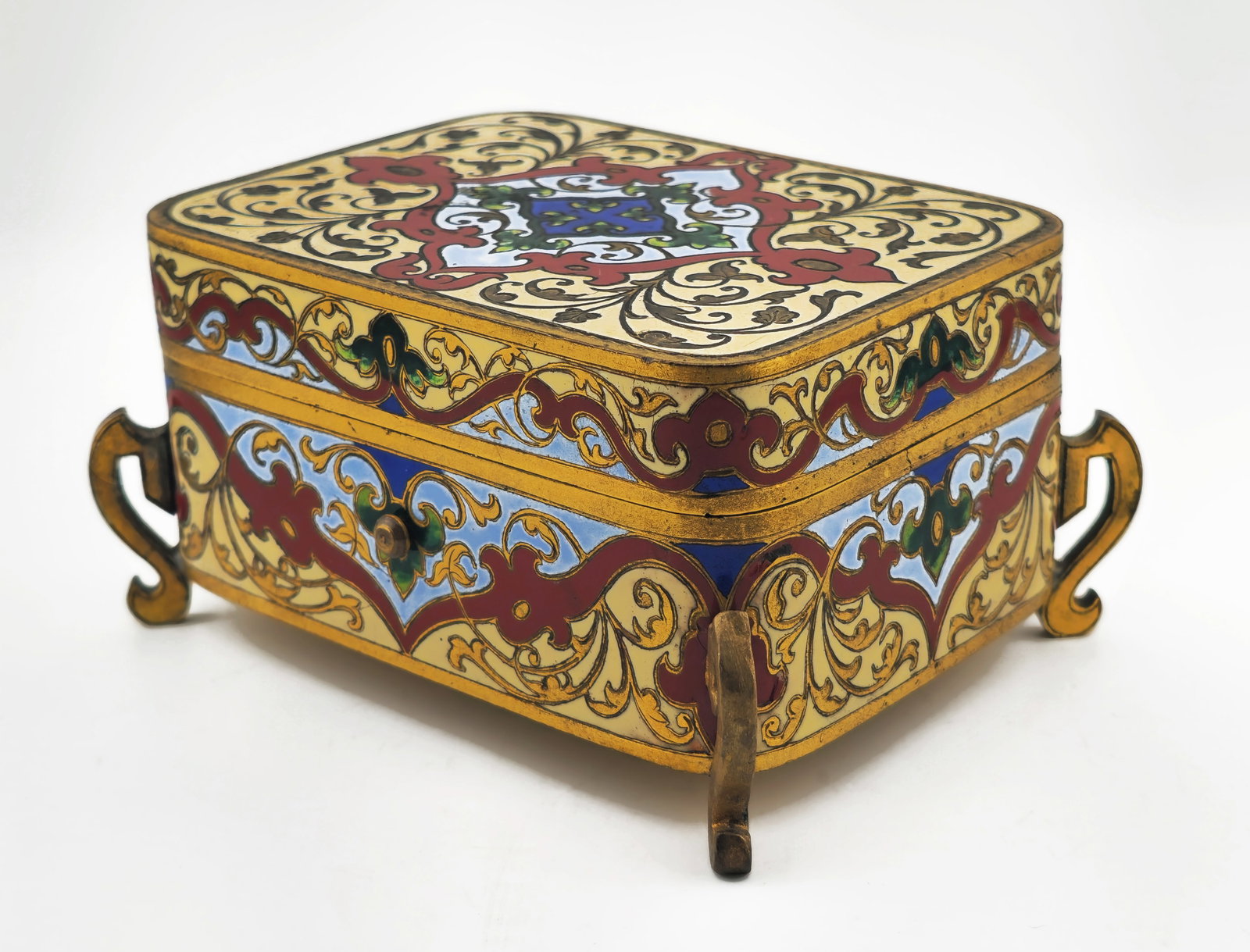 19th C. French Champleve Enamel Gilt Bronze Jewelry Box: 19th C. French Champleve Enamel Gilt Bronze Jewelry Box. H 2 1/4" x W 3" x L 4"