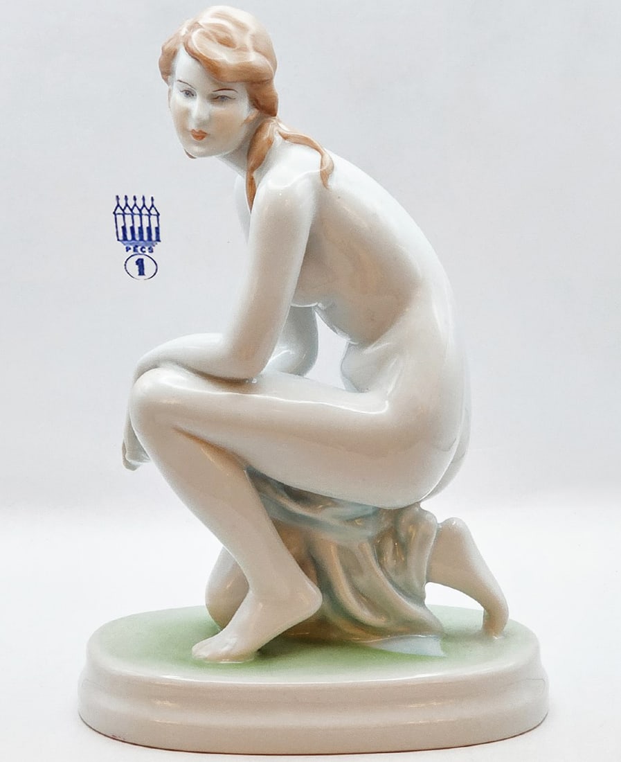 Hungarian Zsolnay Pecs Hand Painted Porcelain Figurine, Hallmarked: Vintage Hungarian Zsolnay Pecs Hand Painted Porcelain Figurine, Hallmarked. Art Deco style, Circa 1970's. H 9" x 3.5" x 6"