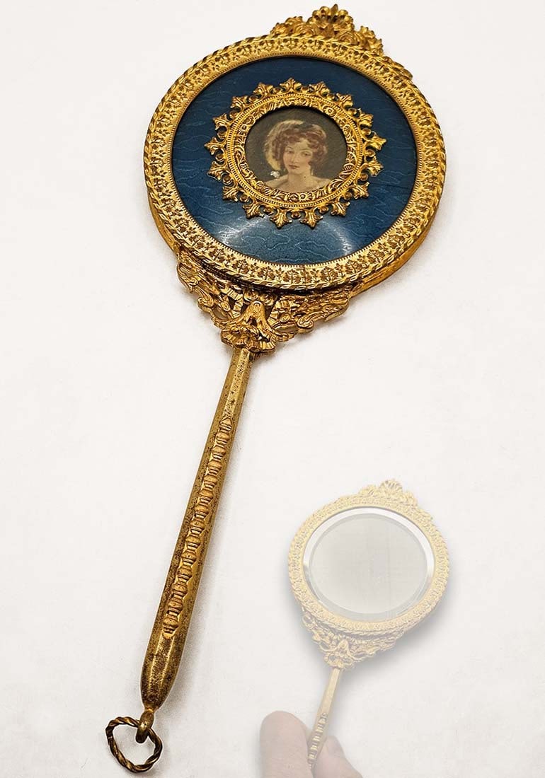19th C. French Enamel & Bronze Mirror: 19th C. French Enamel & Bronze Mirror. H 3/4" x W 3 7/8" x L 9 7/8"