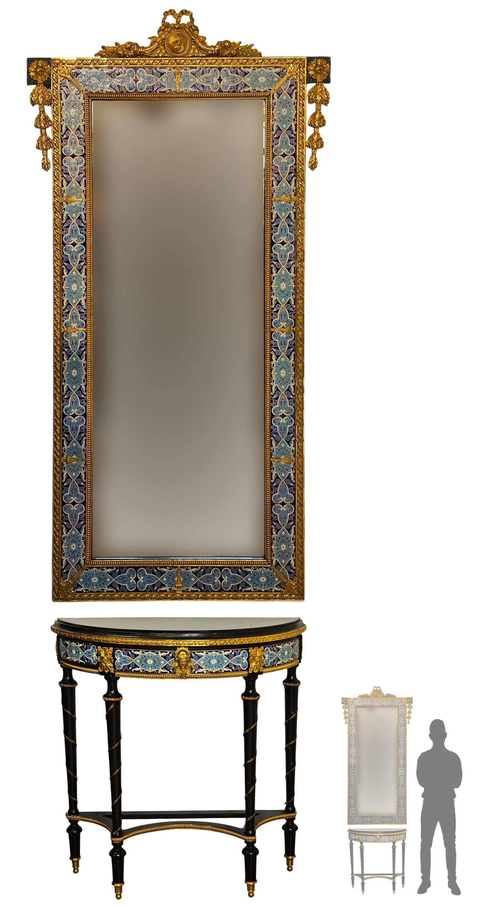 19th Century Enamel French Figural Bronze Mounted Console Mirror Set: 19th Century Enamel French Figural Bronze Mounted Console Mirror Set. Mirror: 53 1/2" x W 28 1/2" \ Bottom piece: 30 1/2" x W 12" x L 29 1/2"