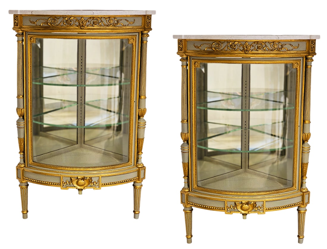 Pair Of 19th C. French Louis XV Style Corner Vitrines / Cabinets: Pair Of 19th C. French Louis XV Style Corner Vitrines / Cabinets. H 24 1/2" x W 20" x L 20"