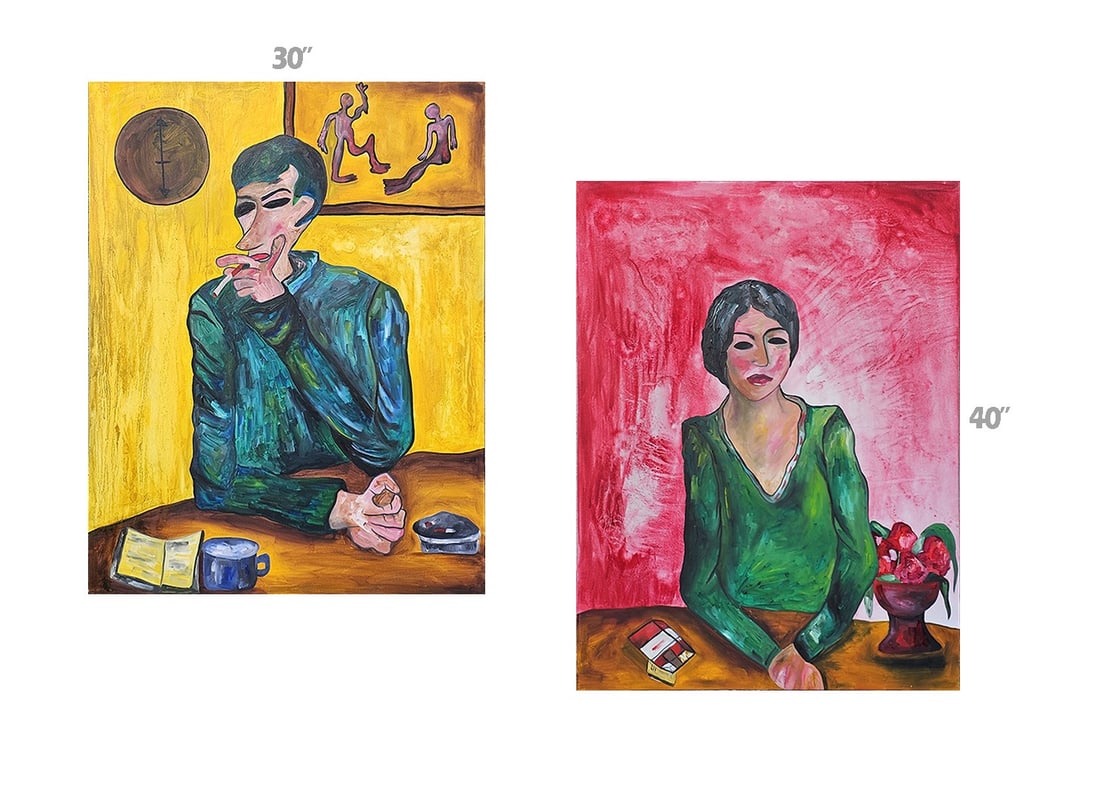 She & He Oil On Canvas Painting By Ellie Shafiei: She & He Oil On Canvas Painting. 30" x 40" Signed by Ellie Shafiei (Iranian- American. b 1987). MFA Candidate, New York Academy of Art, Class of 2026. Ellie Shafiei is a multimedia artist, oil