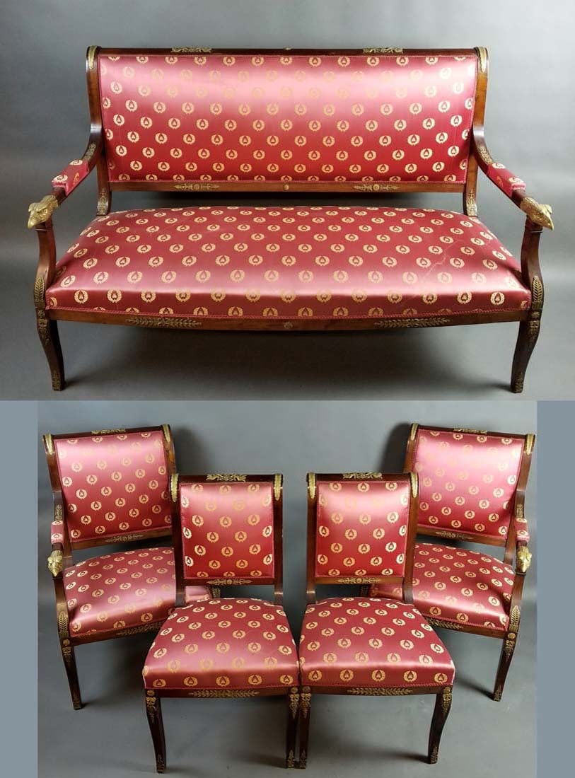 Set of Late 19th C. Empire Bench and Chairs: Set of Late 19th C. Empire Bench and Chairs. Provenance: Estate of Michael Jackson. The bench measures 59 1/2" x 41 1/2" x 24", The arm chairs measure 39 1/2" x 22 1/2" x 25" and the chairs measure 37