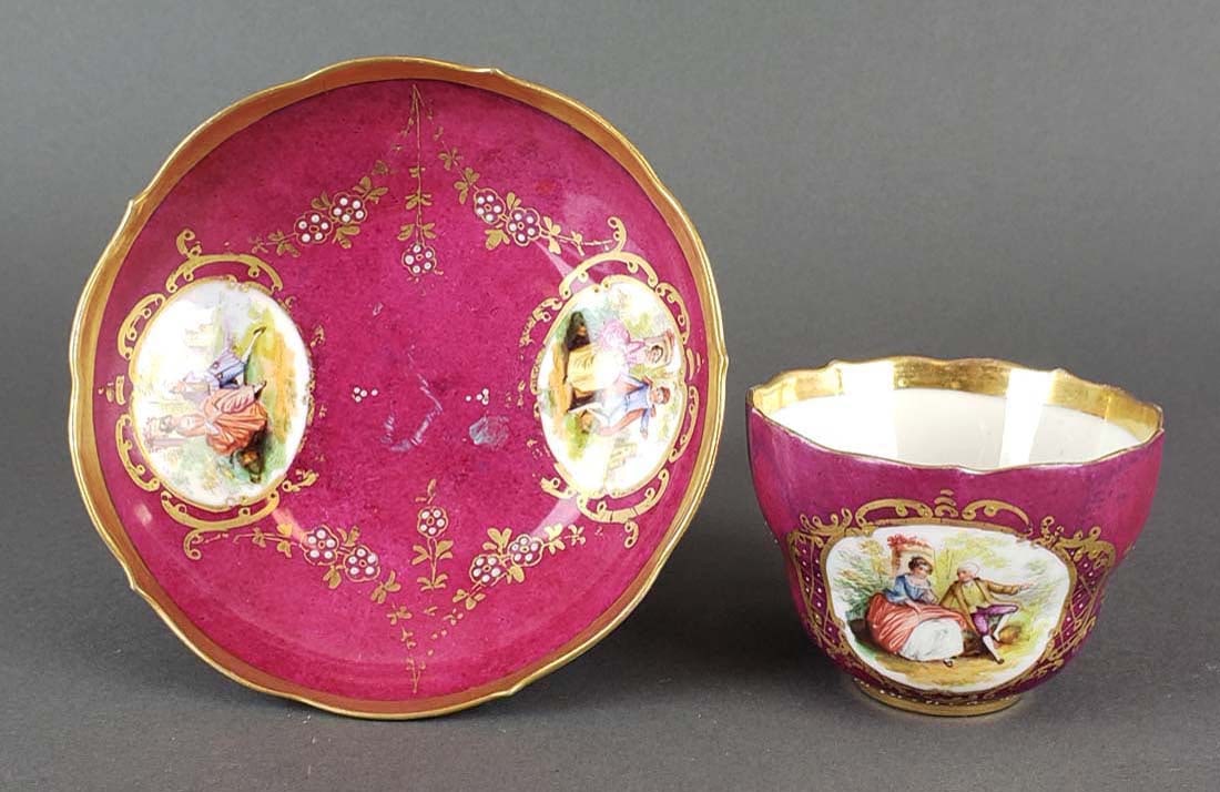 Meissen Porcelain Cup and Saucer: Meissen Porcelain Cup and Saucer. The cup measures H: 2 1/2" and the saucer measures 5 1/2" diameter